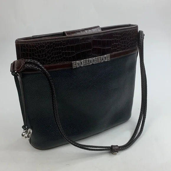 Vintage Brighton Leather braided Double strap shoulder bag black Brown Silver - Picture 5 of 17